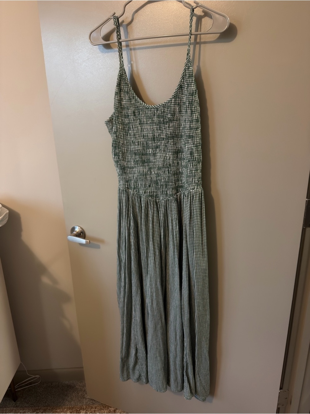 Aerie Smocked Gingham Maxi Dress in Green